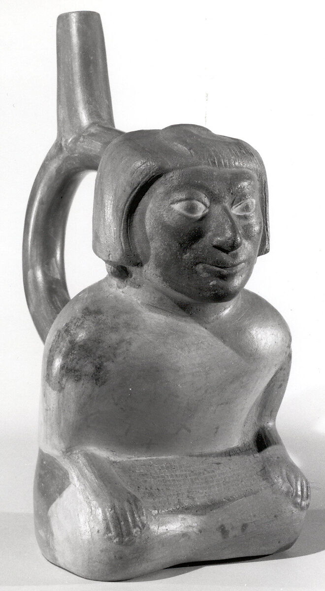 Bottle, Seated Figure, Ceramic, slip, pigment, Moche