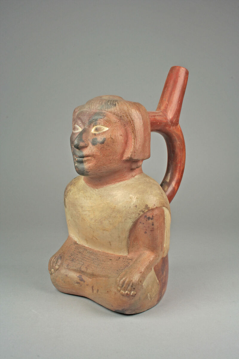 Bottle, Seated Figure, Ceramic, slip, pigment, Moche 