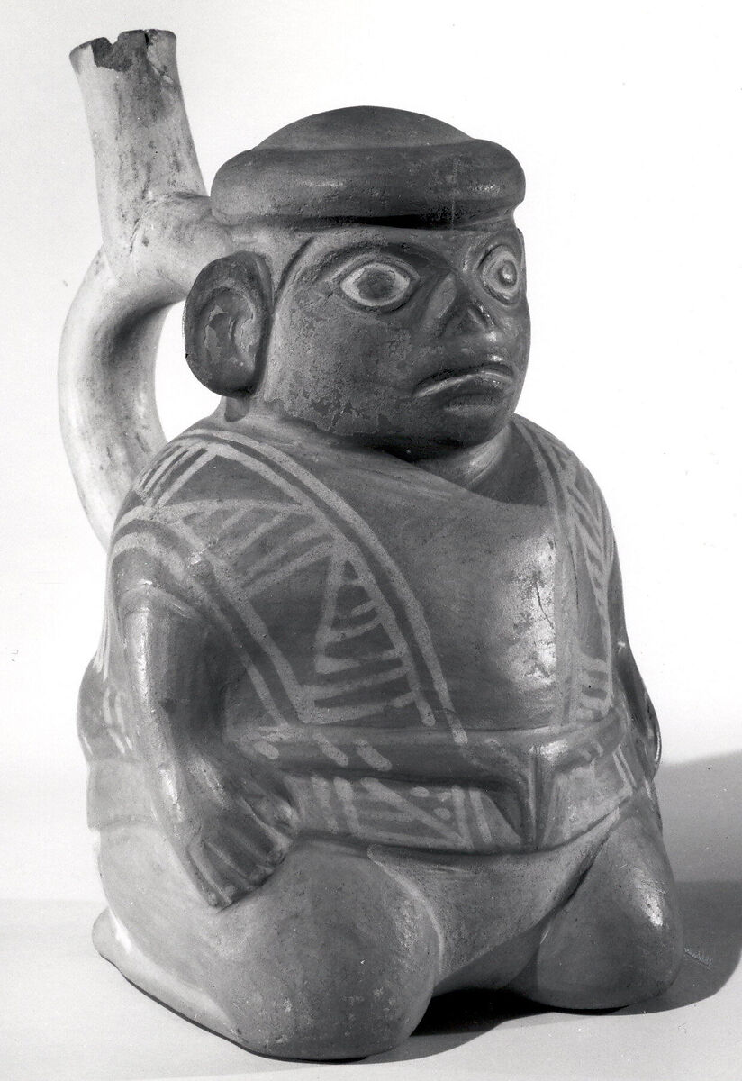 Bottle, Seated Figure, Ceramic, slip, pigment, Moche