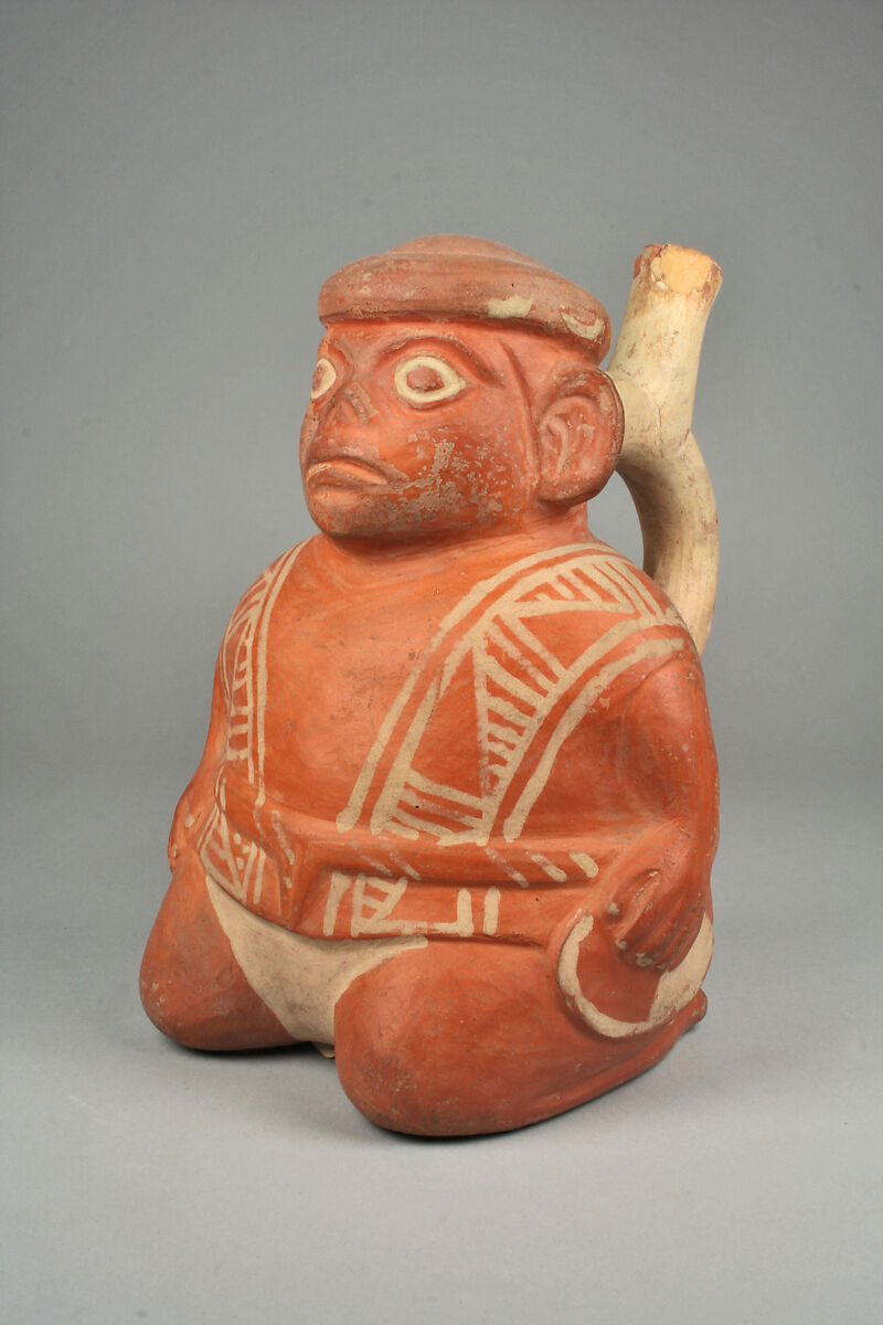 Bottle, Seated Figure, Ceramic, slip, pigment, Moche 