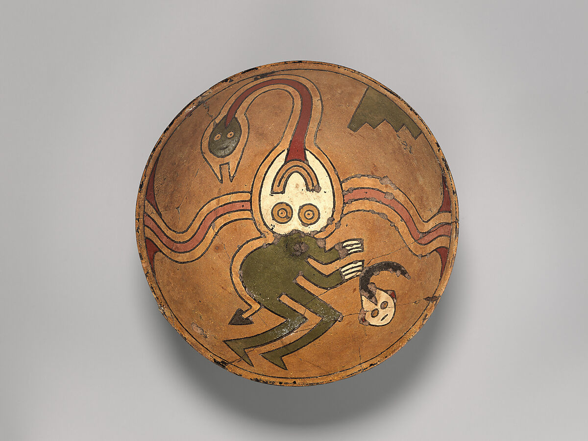 Rattle bowl with flying figure (Oculate Being), Paracas artist(s), Ceramic, post-fire paint, Paracas