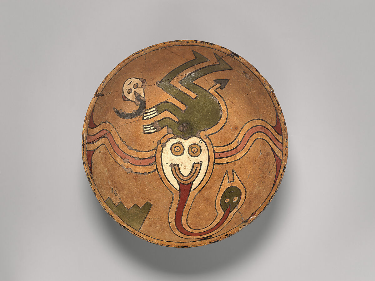 Rattle bowl with flying figure (Oculate Being), Paracas artist(s), Ceramic, post-fire paint, Paracas