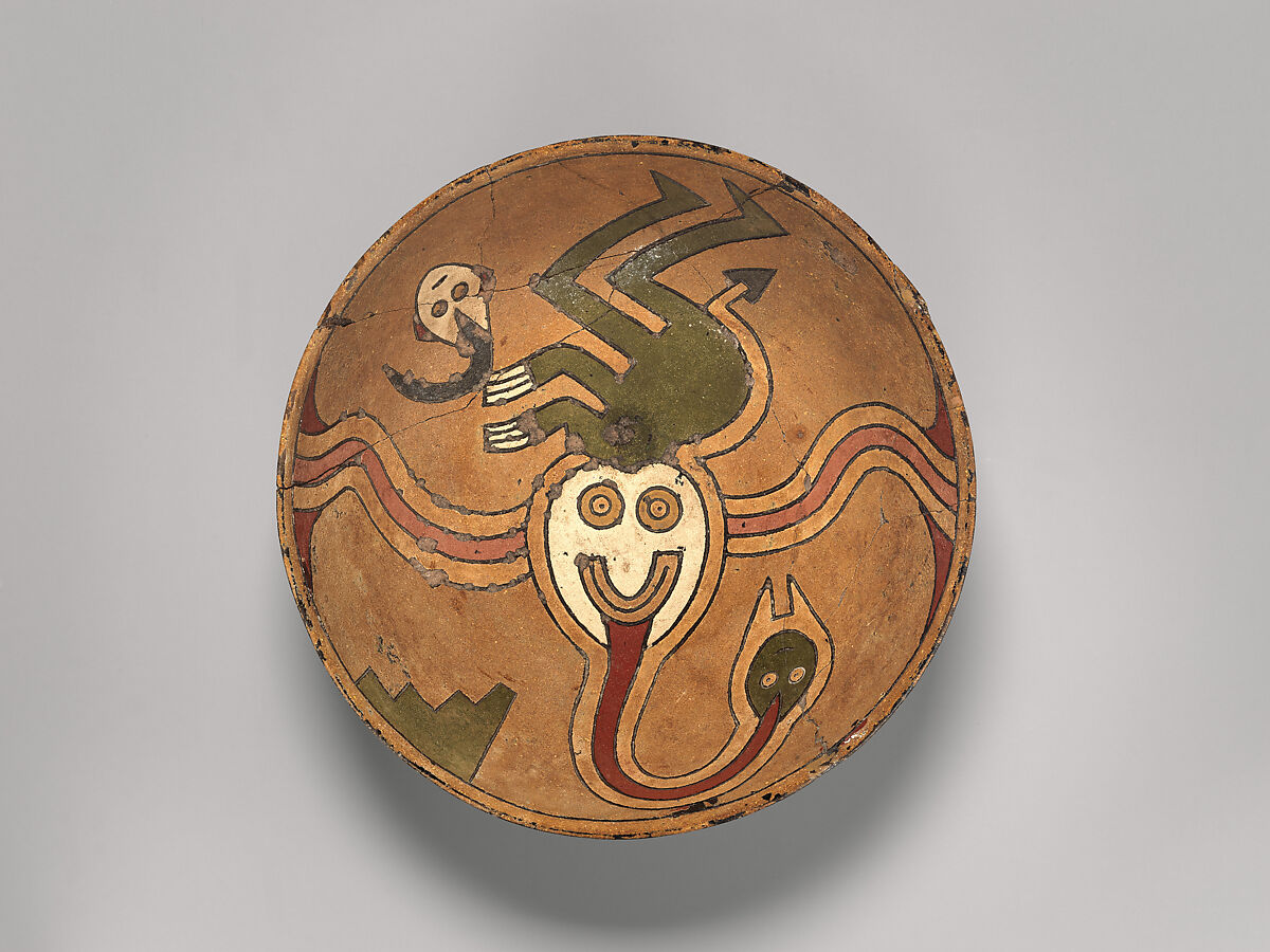 Rattle bowl with flying figure (Oculate Being), Paracas artist(s), Ceramic, post-fire paint, Paracas 