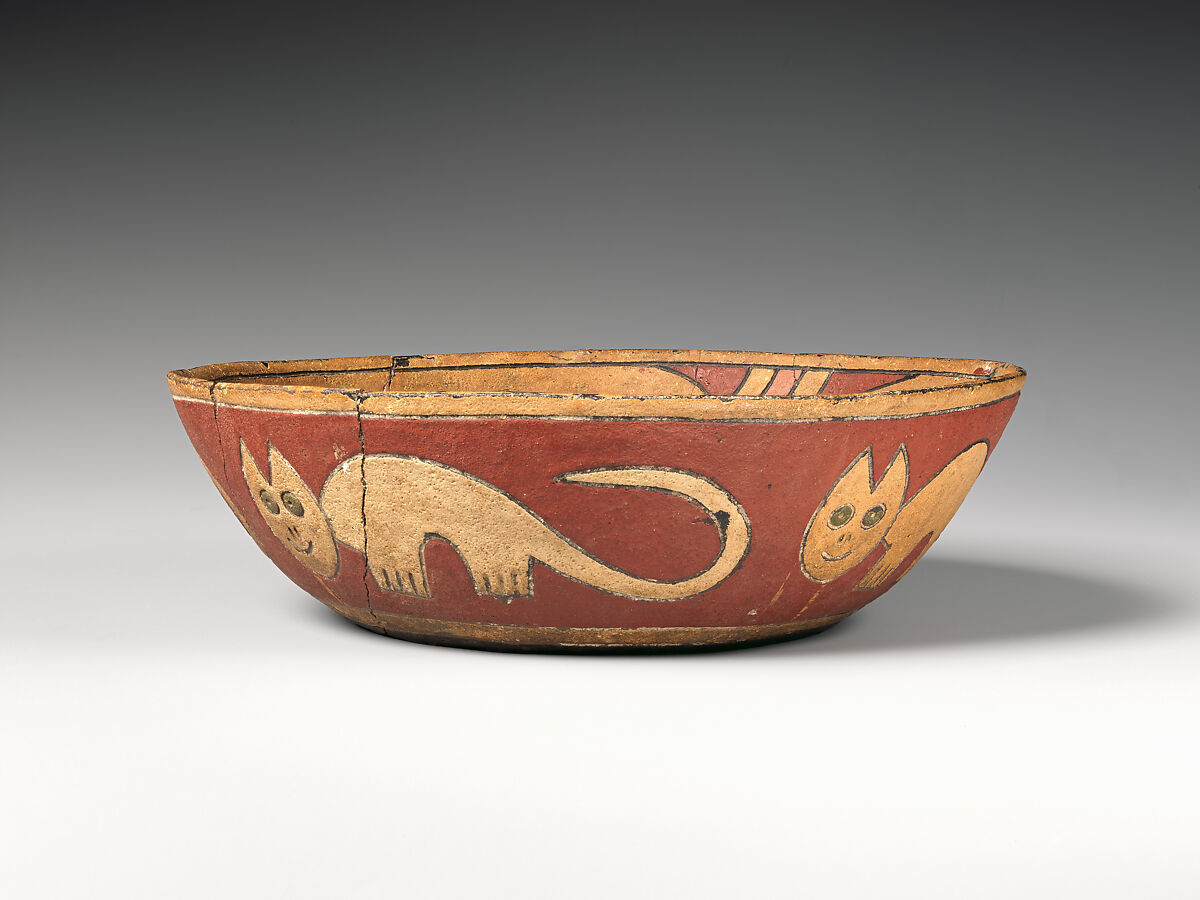 Rattle bowl with flying figure (Oculate Being), Paracas artist(s), Ceramic, post-fire paint, Paracas