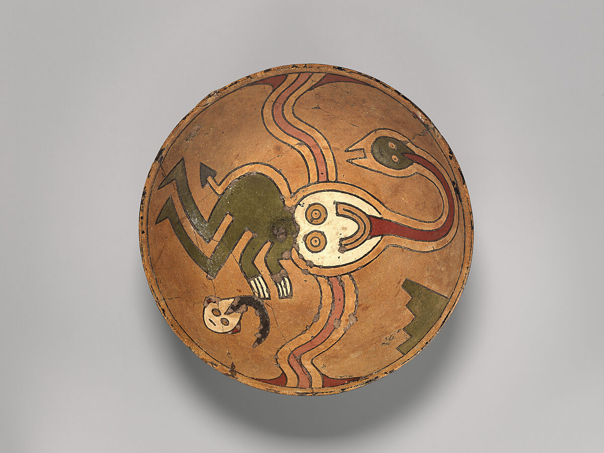 Rattle bowl with flying figure (Oculate Being), Paracas artist(s), Ceramic, post-fire paint, Paracas