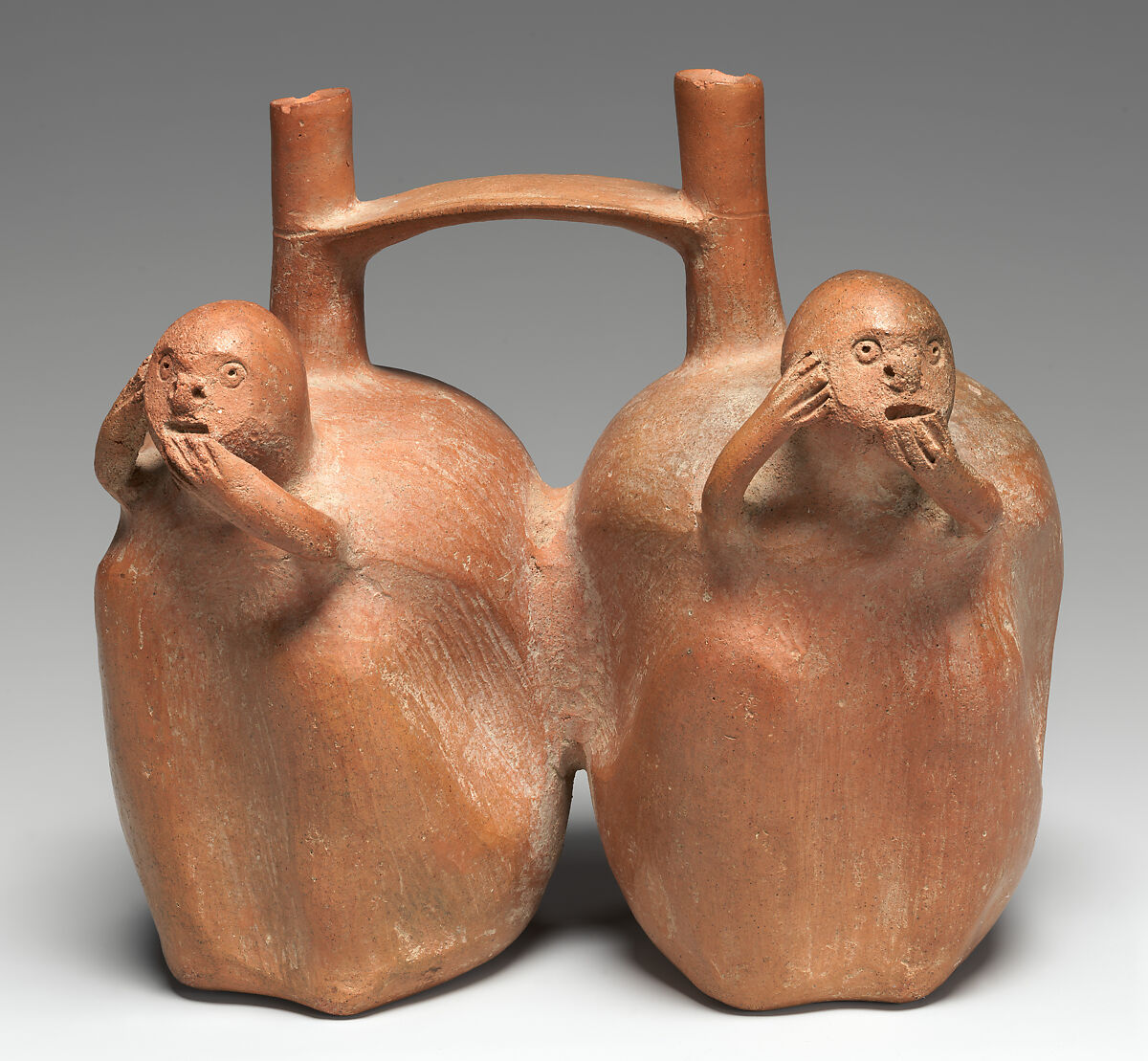 Double-chambered bottle with monkeys, Topará artist(s), Ceramic, Topará 