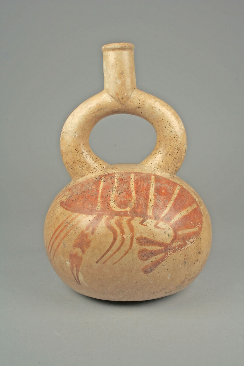 Stirrup Spout Bottle with Crayfish, Ceramic, pigment, Moche 