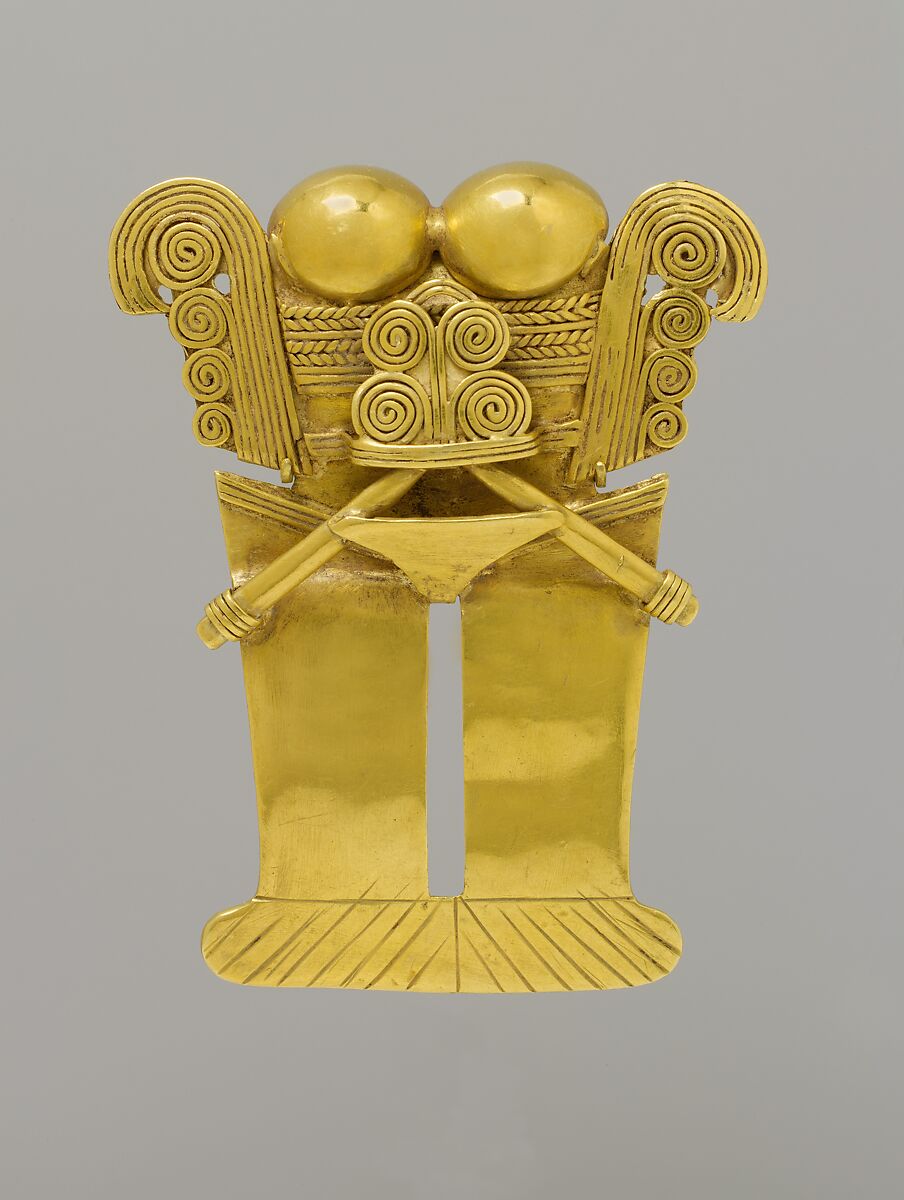 Two Stylized Figure Pendants, Gold (hammered), Darien