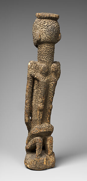 Kneeling female figure with three children, Tellem or Dogon blacksmith, Wood, applied organic materials, Dogon or Tellem  peoples (?)