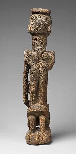Kneeling female figure with three children, Tellem or Dogon blacksmith, Wood, applied organic materials, Dogon or Tellem  peoples (?)