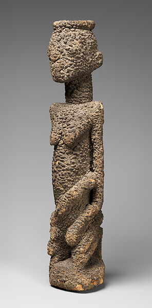 Kneeling female figure with three children, Tellem or Dogon blacksmith, Wood, applied organic materials, Dogon or Tellem  peoples (?)