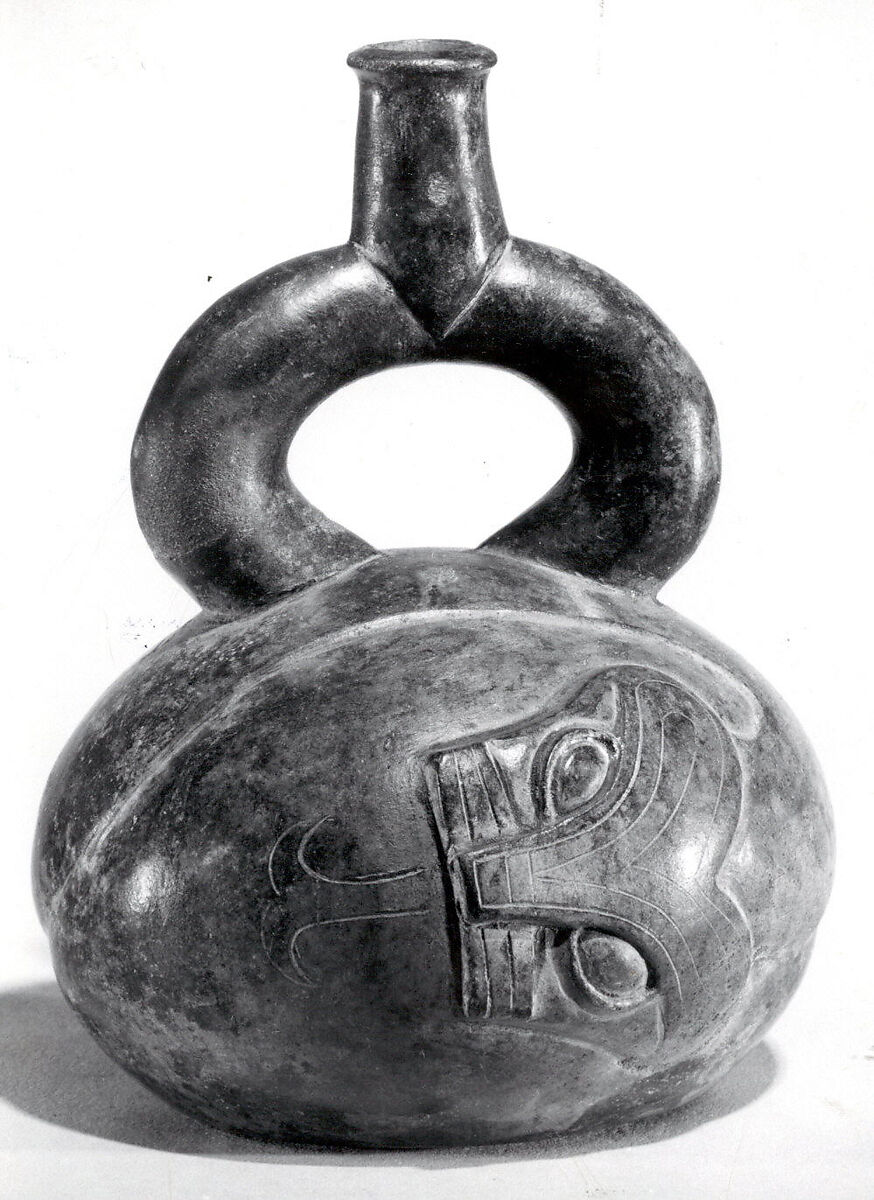 Stirrup Spout Bottle with Serpent, Ceramic, pigment, Moche