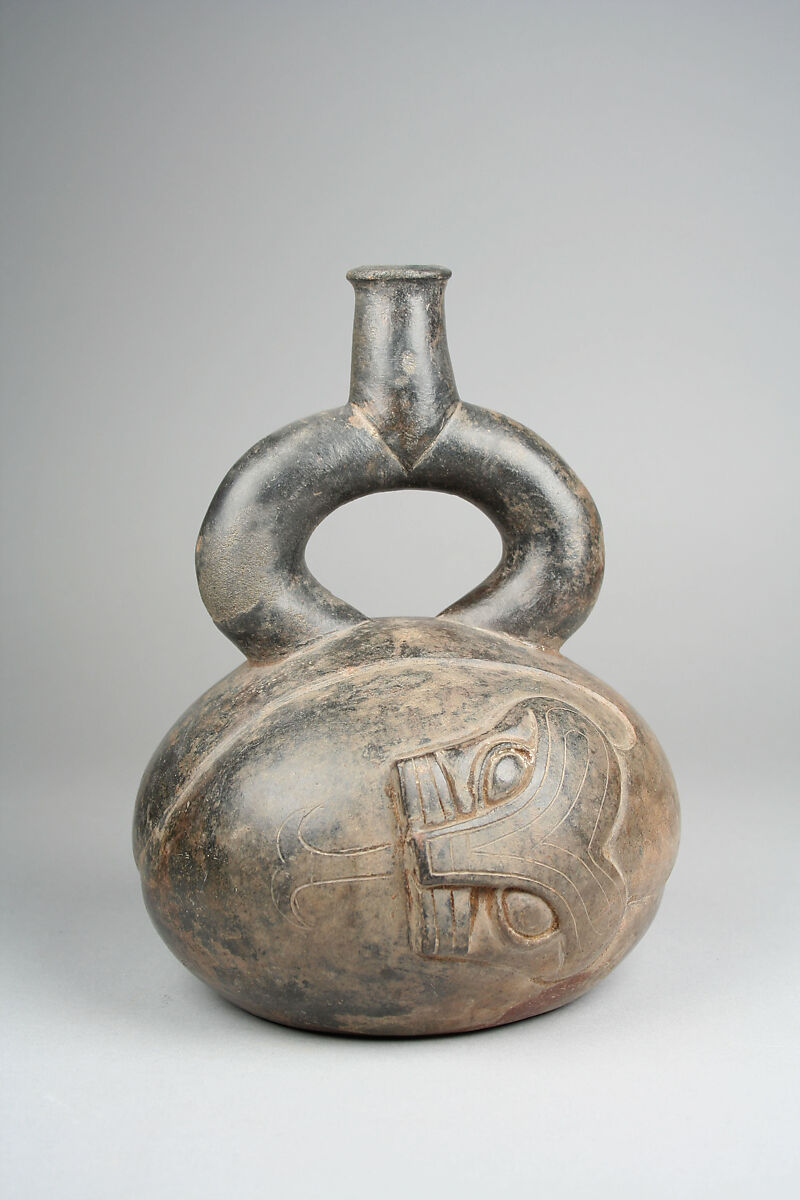 Stirrup Spout Bottle with Serpent, Ceramic, pigment, Moche 