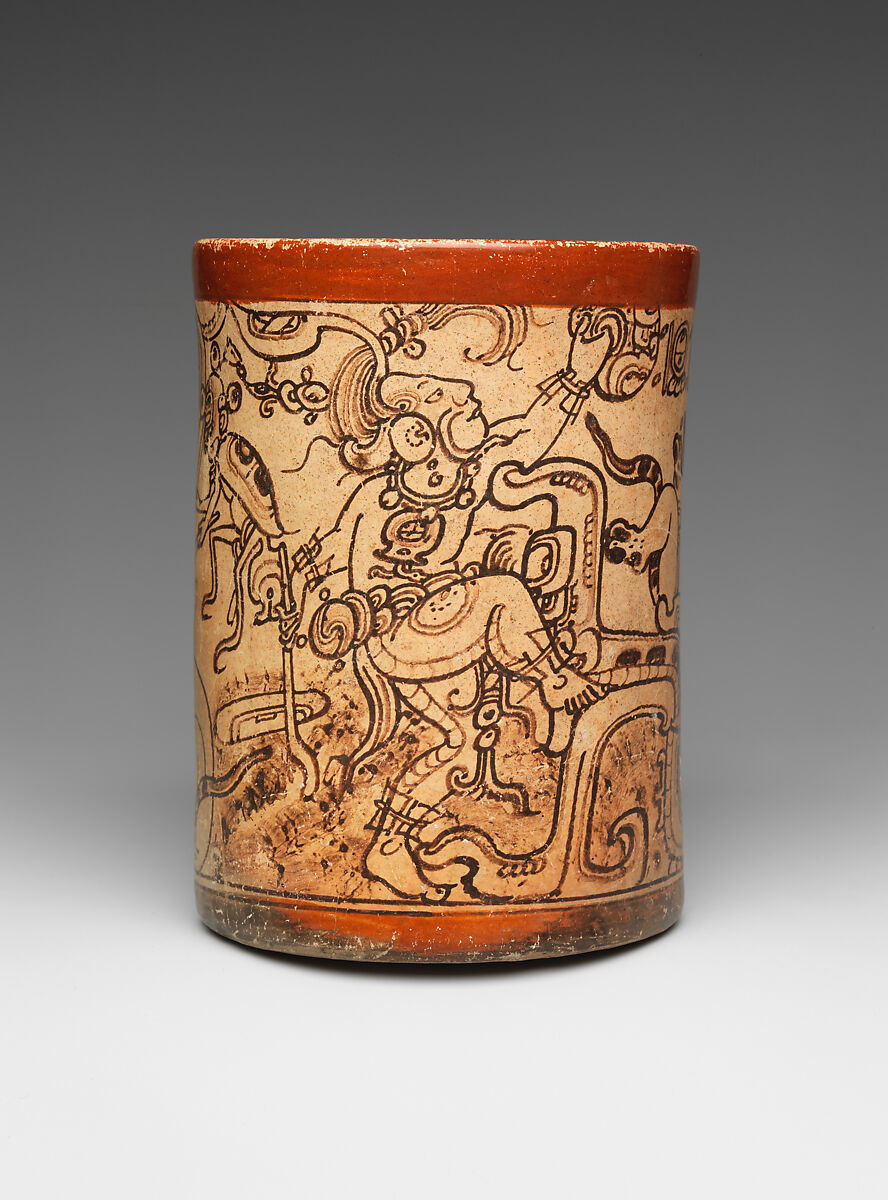 Vessel with mythological scene, Metropolitan Painter, Ceramic, pigment, Maya