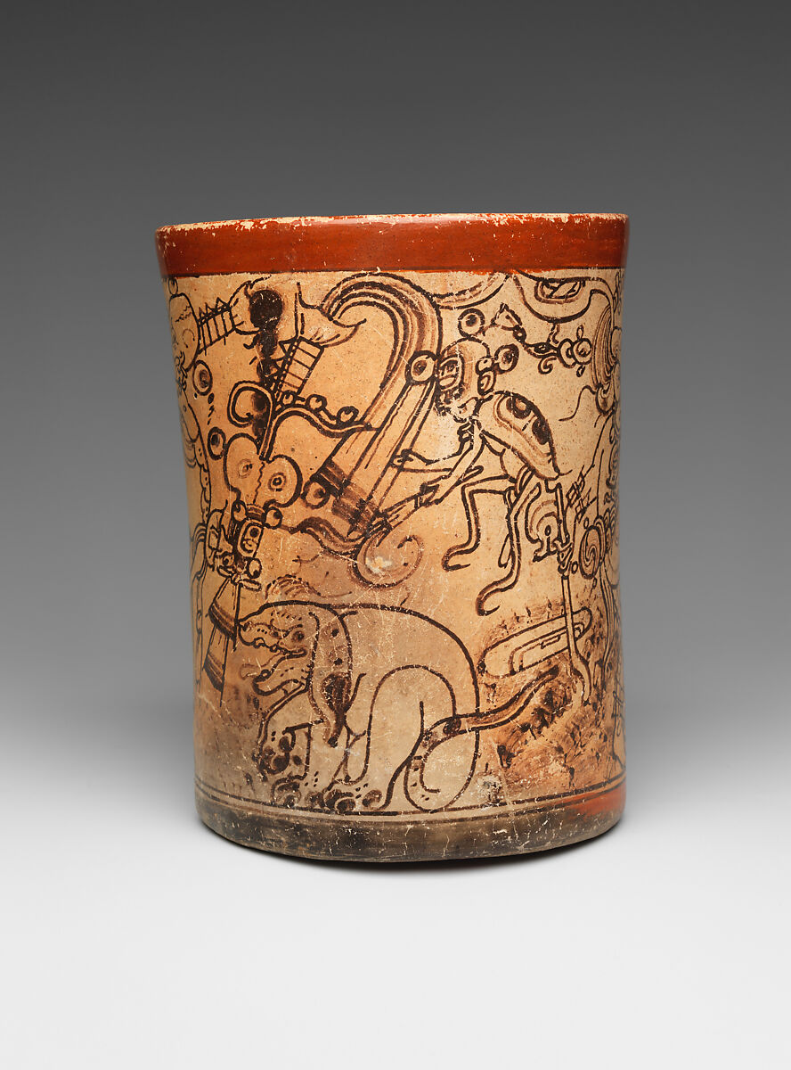 Vessel with mythological scene, Metropolitan Painter (active 7th–8th century CE), Ceramic, slip, Maya
