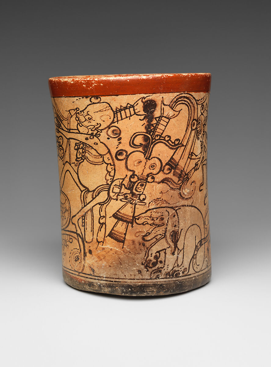 Vessel with mythological scene, Metropolitan Painter (active 7th–8th century CE), Ceramic, slip, Maya