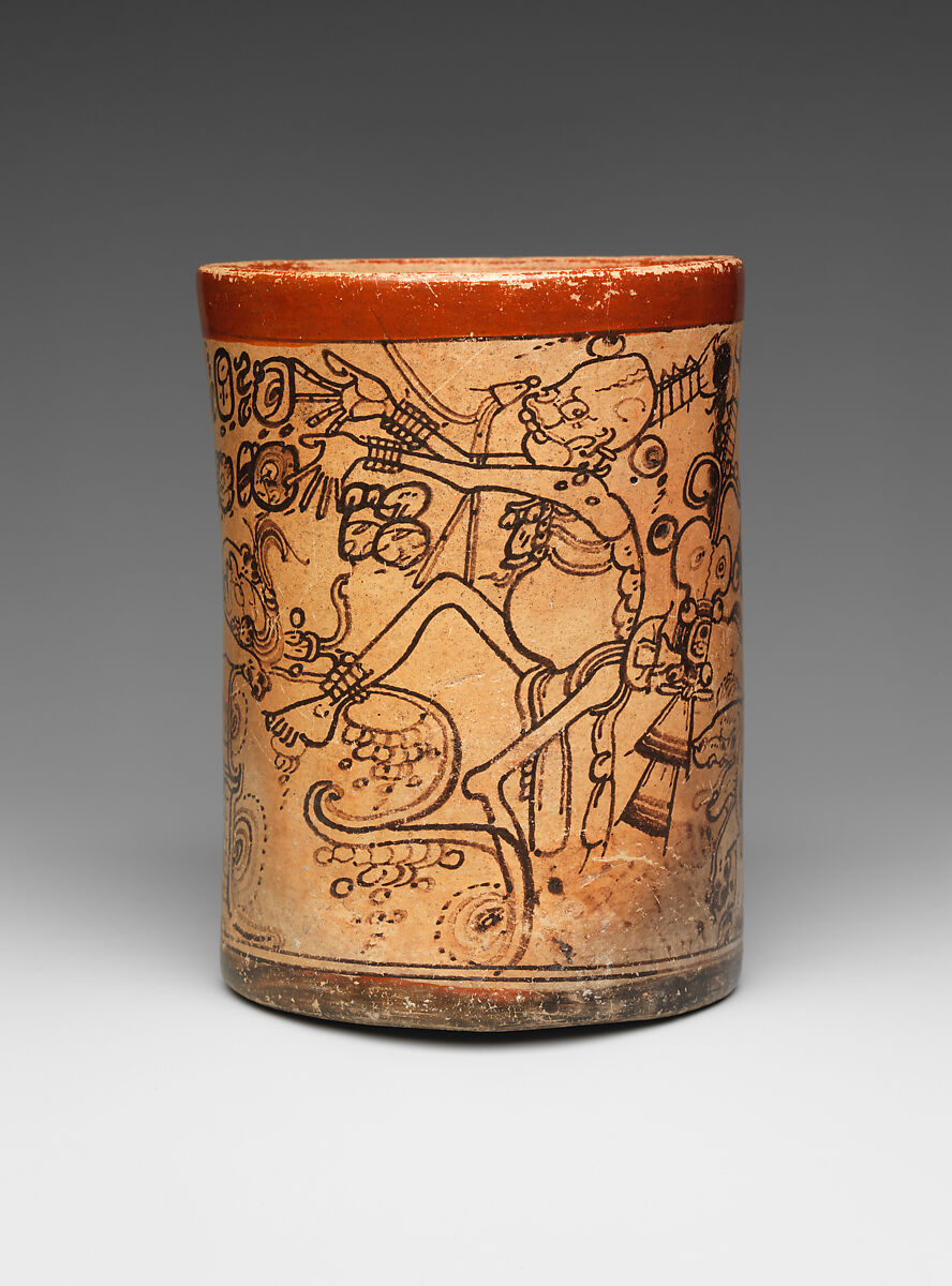 Vessel with mythological scene, Metropolitan Painter (active 7th–8th century CE), Ceramic, slip, Maya