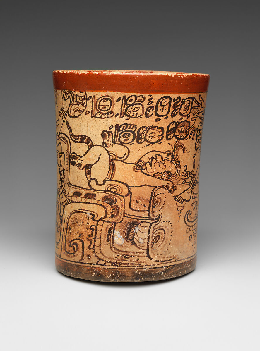 Vessel with mythological scene, Metropolitan Painter (active 7th–8th century CE), Ceramic, slip, Maya