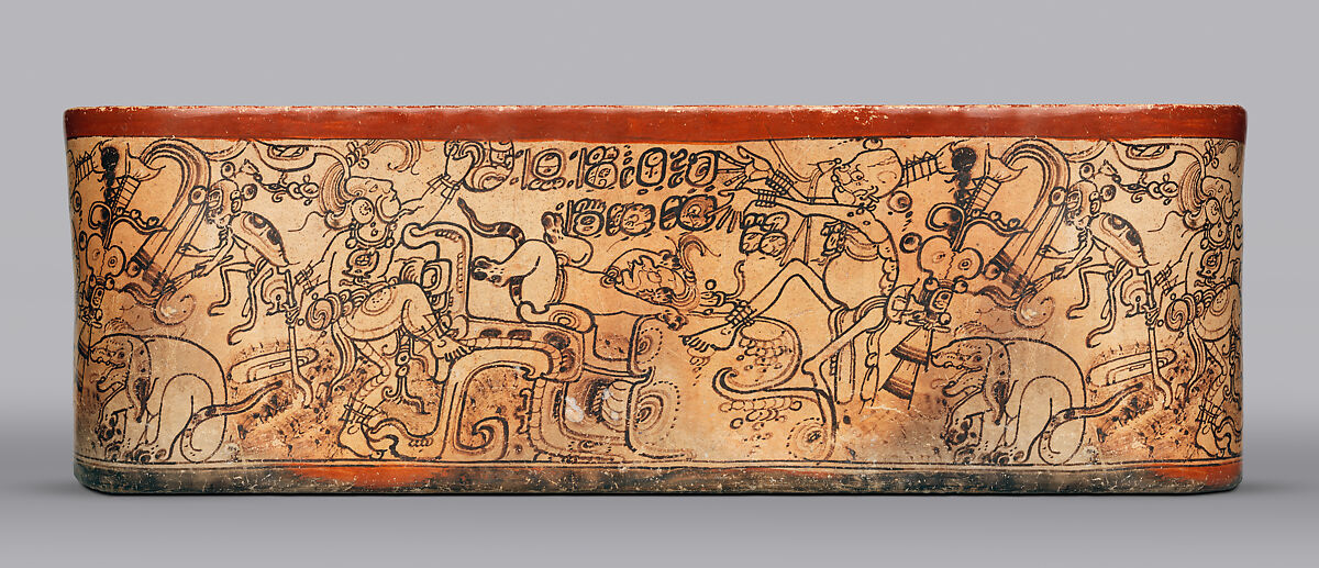 Vessel with mythological scene, Metropolitan Painter (active 7th–8th century CE), Ceramic, slip, Maya