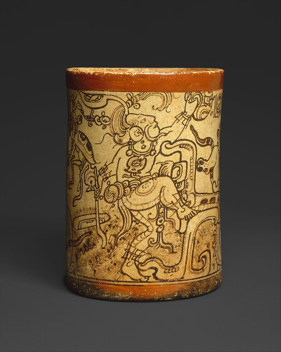 Vessel with mythological scene, Metropolitan Painter (active 7th–8th century CE), Ceramic, slip, Maya