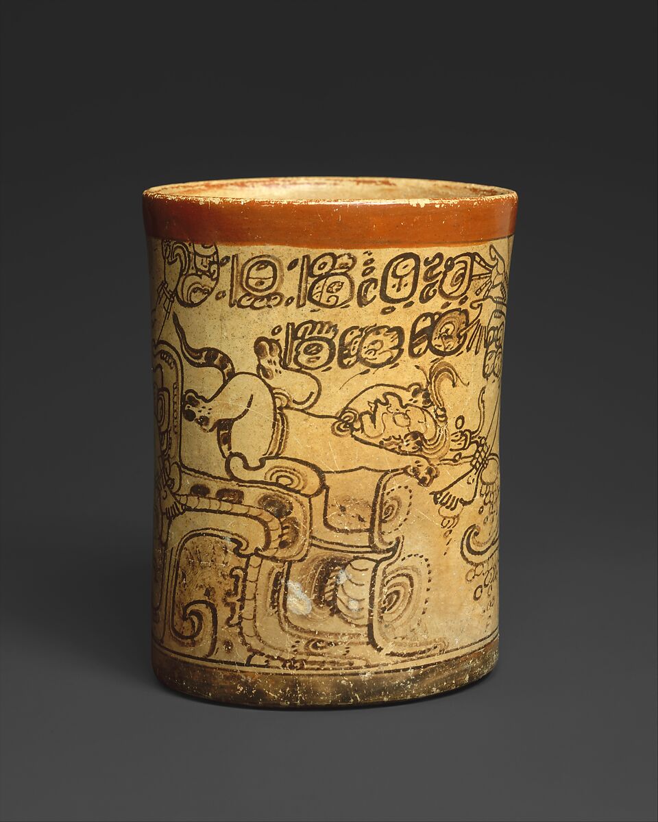 Vessel with mythological scene, Metropolitan Painter (active 7th–8th century CE), Ceramic, slip, Maya