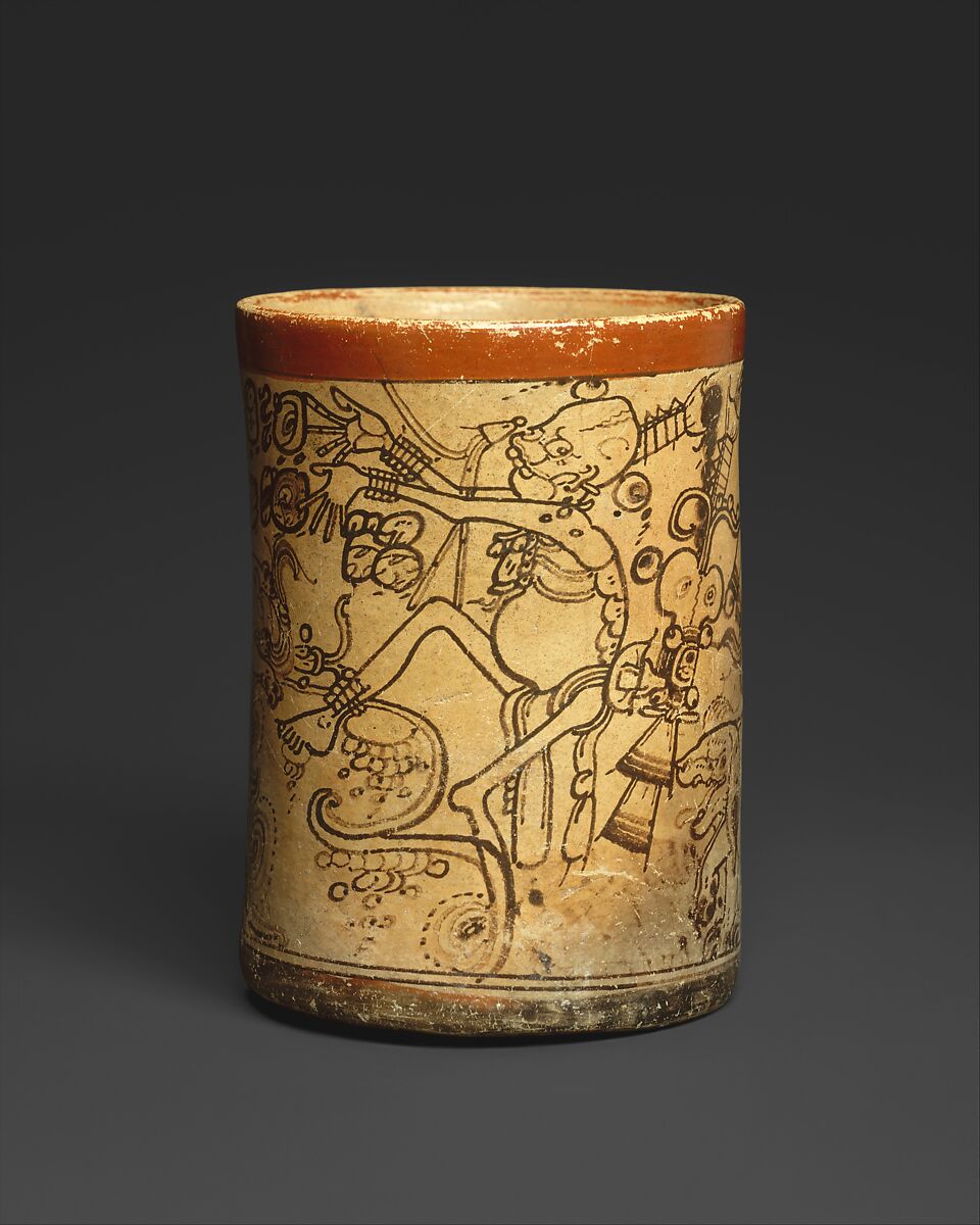 Vessel with mythological scene, Metropolitan Painter (active 7th–8th century CE), Ceramic, slip, Maya