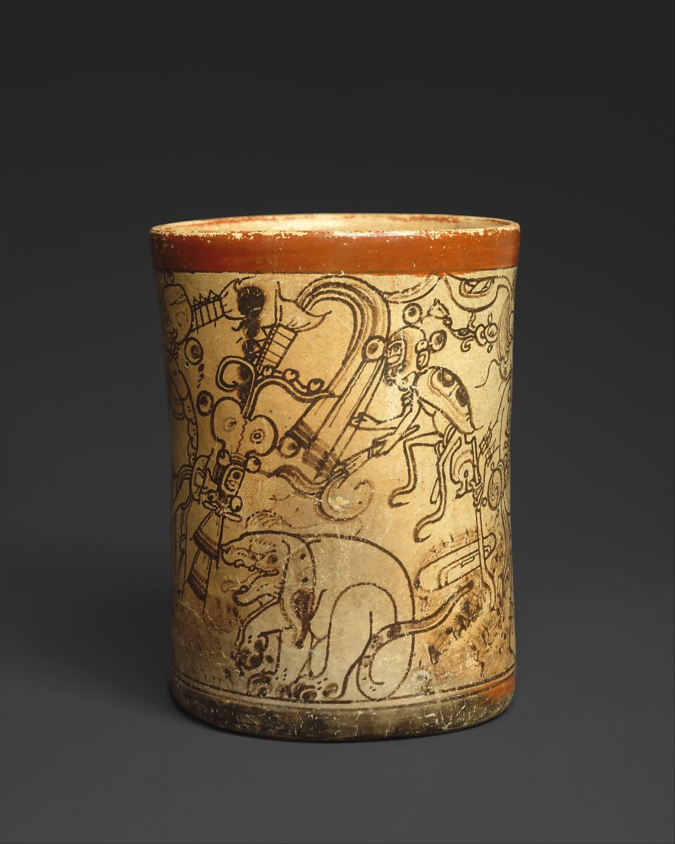 Vessel with mythological scene, Metropolitan Painter (active 7th–8th century CE), Ceramic, slip, Maya