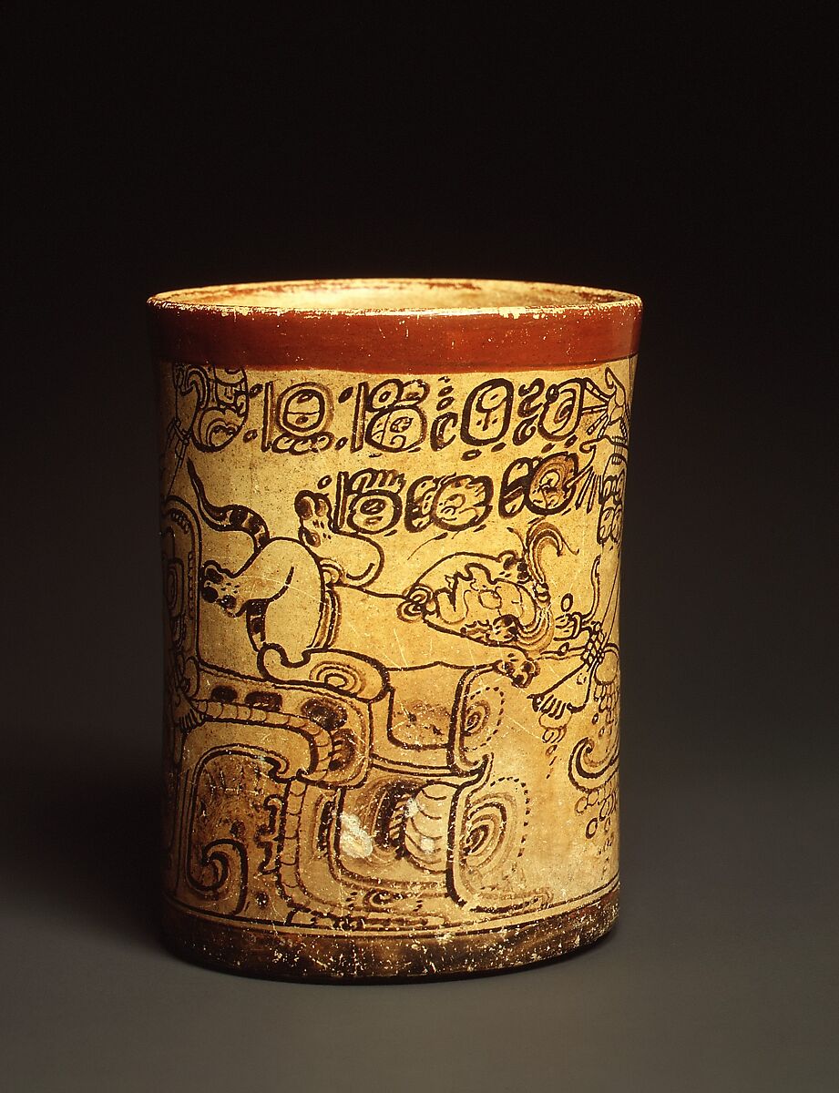 Vessel with mythological scene, Metropolitan Painter (active 7th–8th century CE), Ceramic, slip, Maya