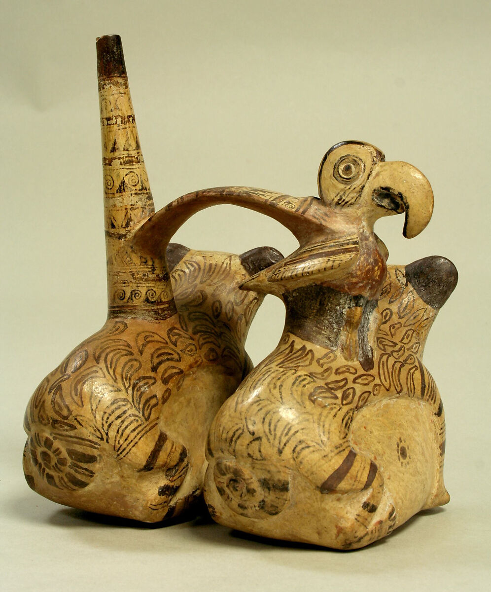 Bridge and Spout Bottle, Ceramic, pigment, Lambayeque (Sicán)