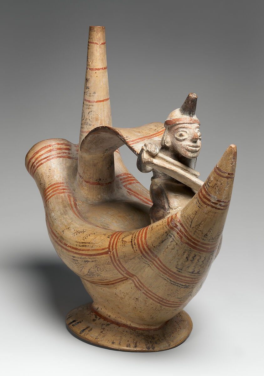 Bottle with a reed boat and paddler, Lambayeque (Sicán) artist(s), Ceramic, slip, post-fired pigment, Lambayeque (Sicán)