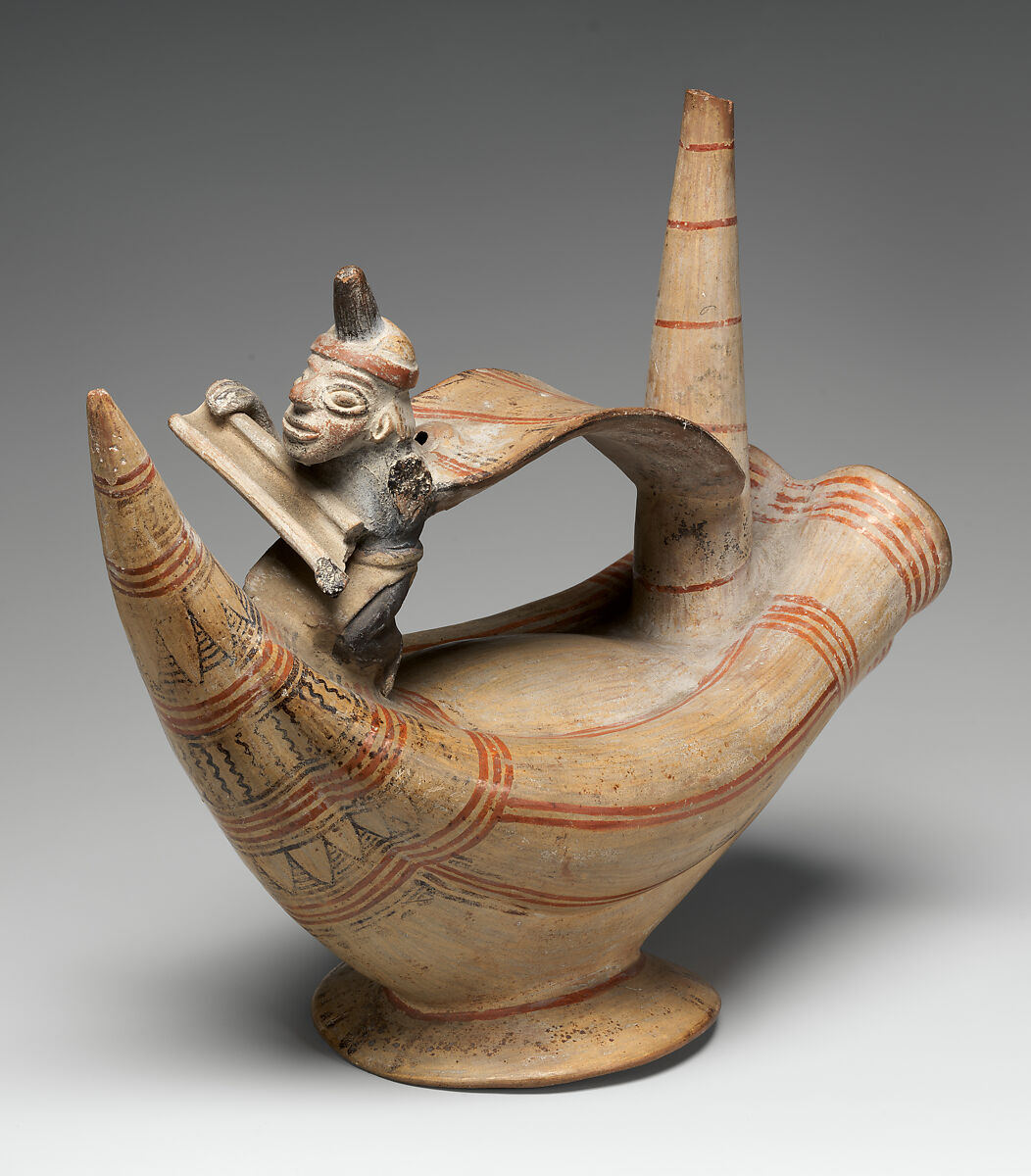 Bottle with a reed boat and paddler, Lambayeque (Sicán) artist(s), Ceramic, slip, post-fired pigment, Lambayeque (Sicán) 