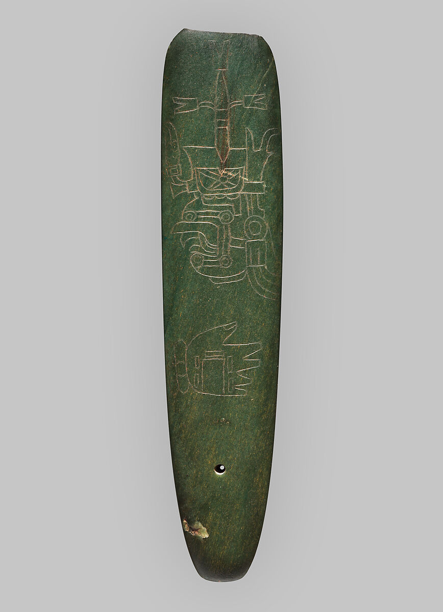 Celt with Incised Profile, Jade (jadeite), traces of red pigment, Olmec 