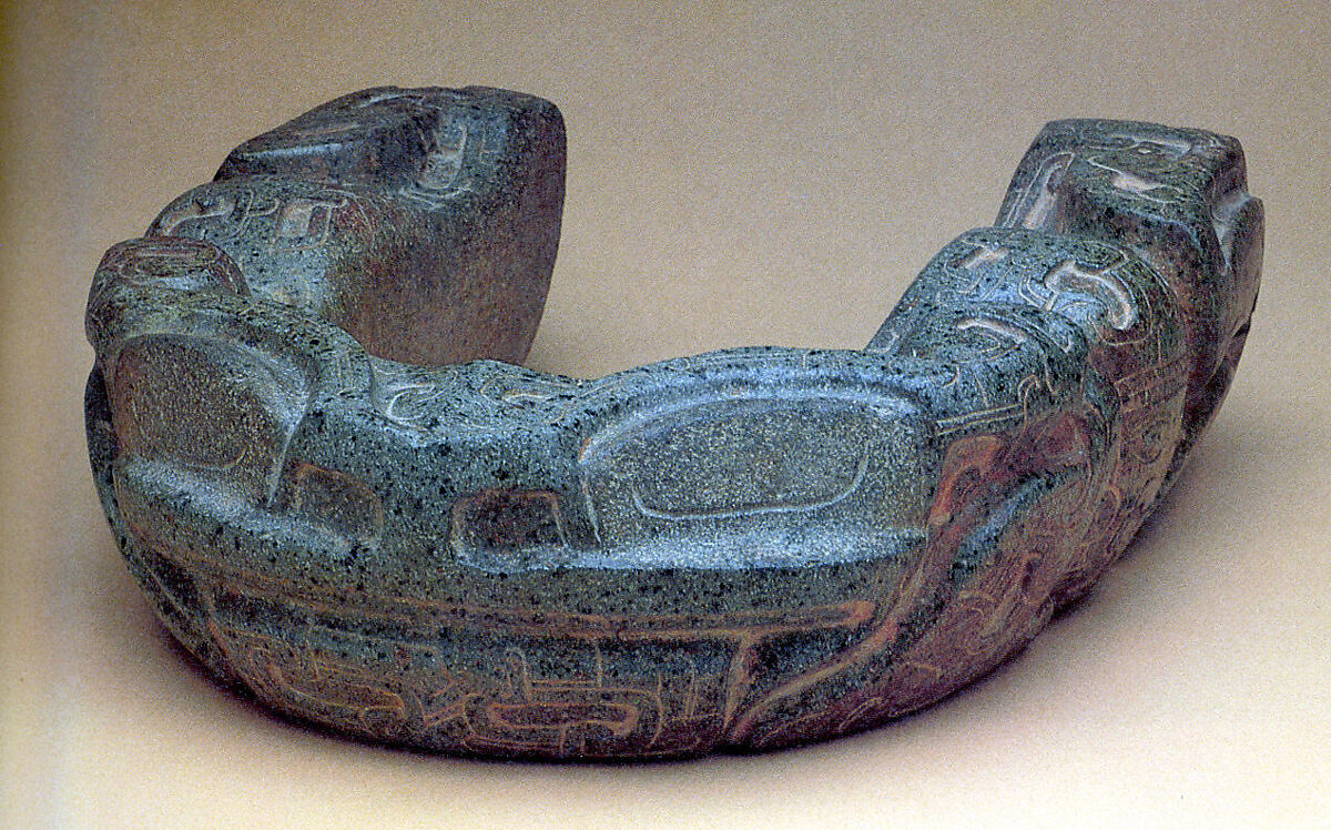Frog yoke, Classic Veracruz artist(s), Greenstone, pigment (probably hematite), Veracruz