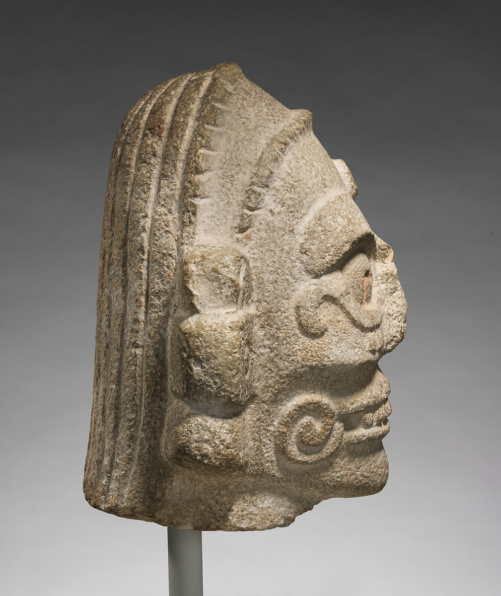 Head of a Rain God, Fossiliferous limestone, Maya