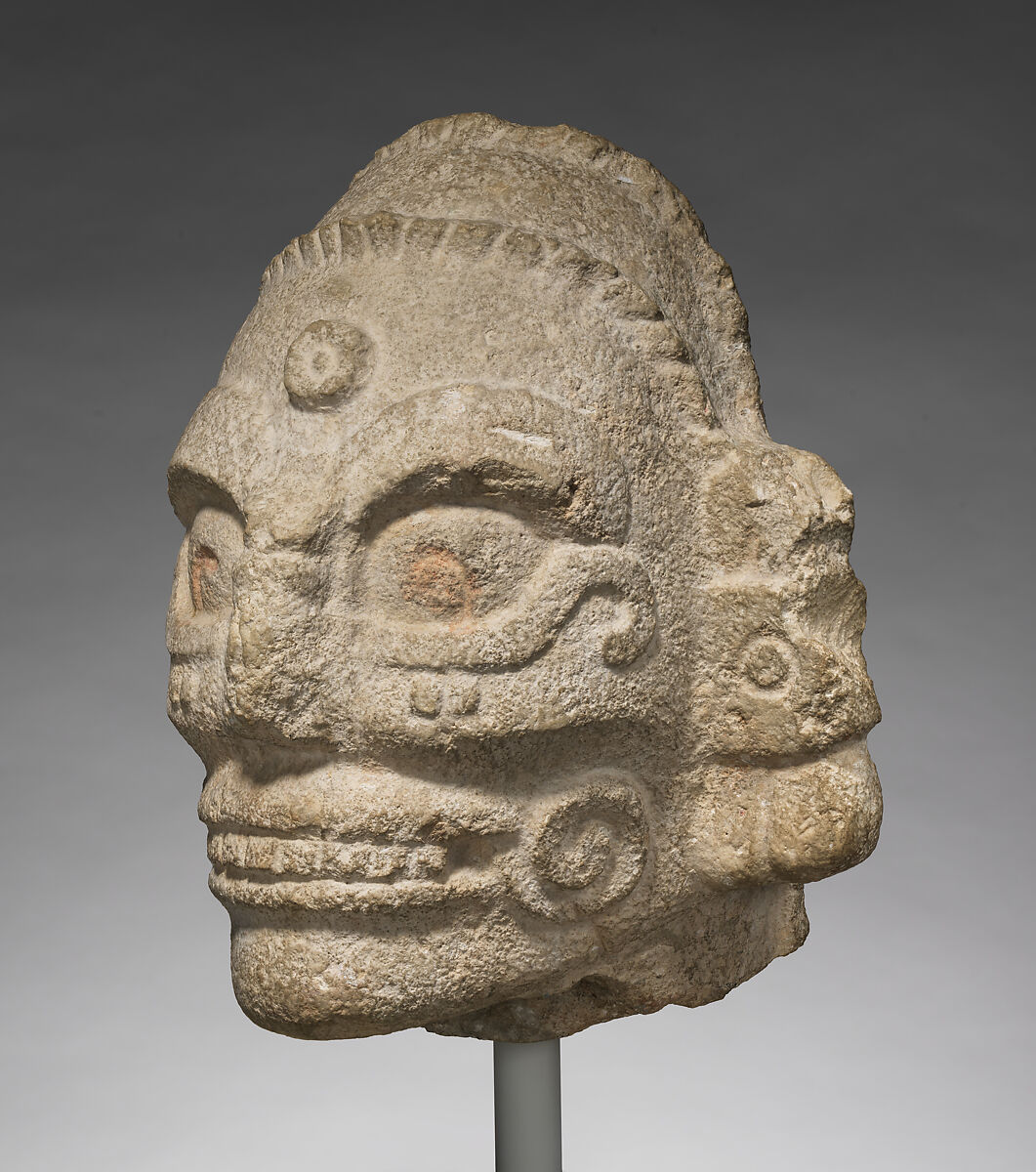 Head of a Rain God, Fossiliferous limestone, Maya