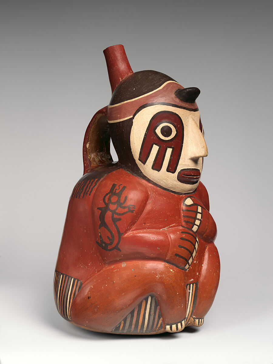 Bottle with seated figure, Nasca artist(s), Ceramic, slip, Nasca