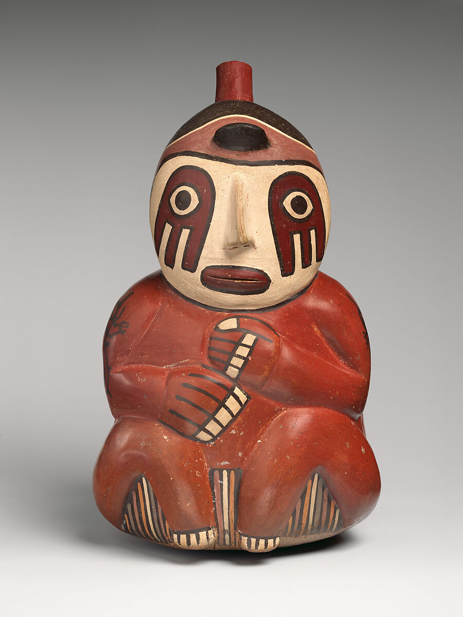 Bottle with seated figure, Nasca artist(s), Ceramic, slip, Nasca 