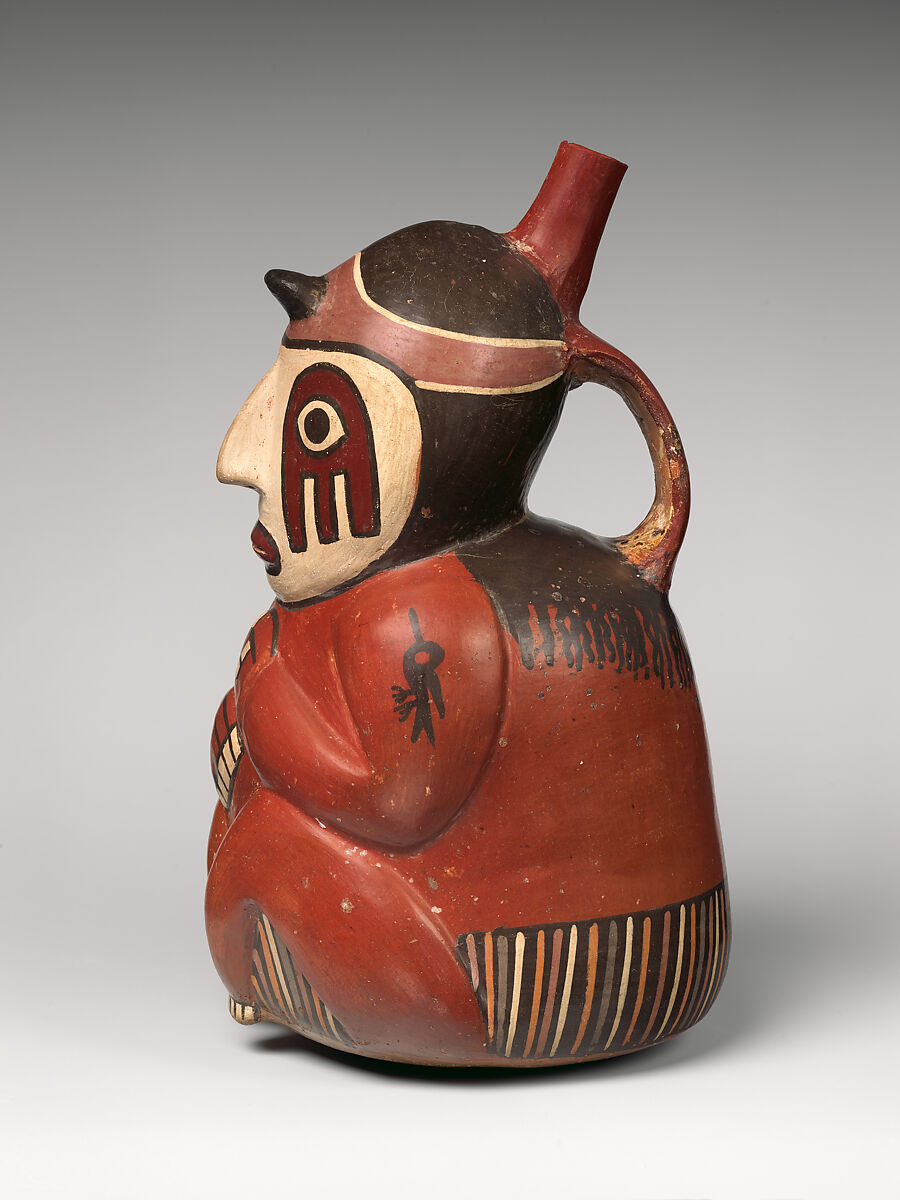 Bottle with seated figure, Nasca artist(s), Ceramic, slip, Nasca