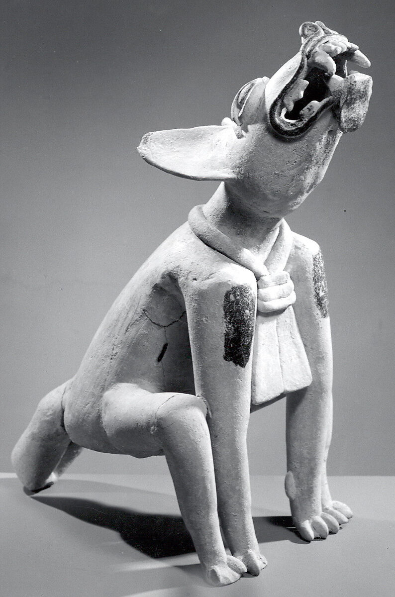 Howling canine, South central Veracruz artist(s), Ceramic, tar paint (chapopote), Classic Veracruz