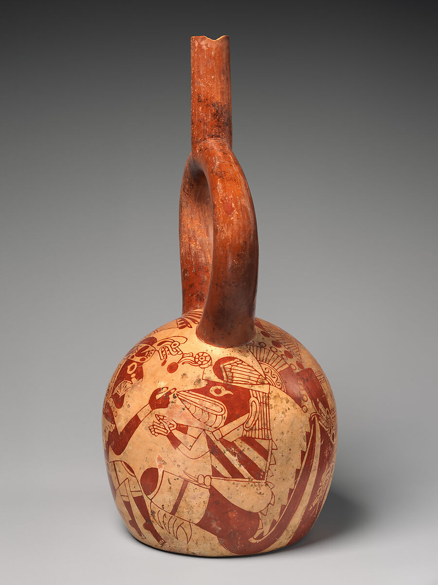 Stirrup-spout bottle with confronting figures, Ceramic, slip, Moche