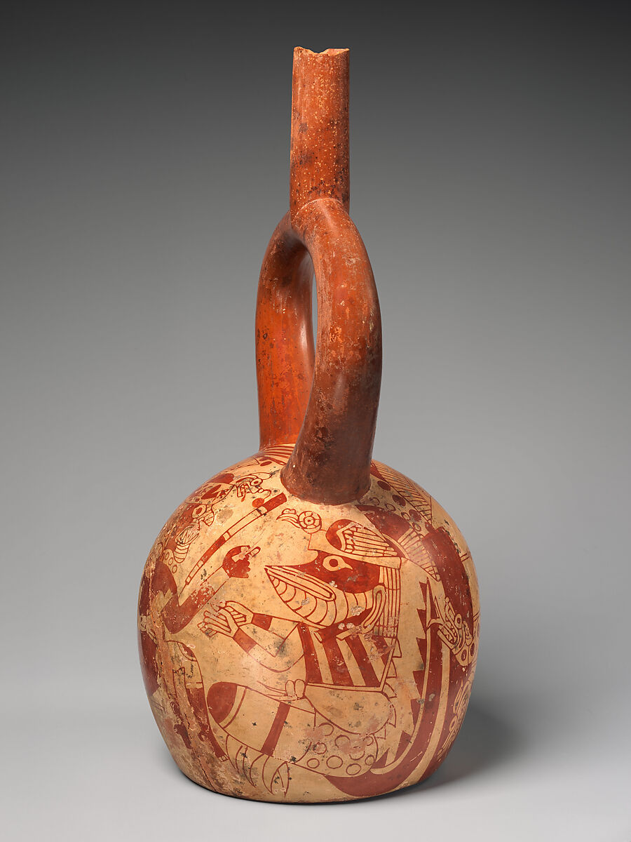 Stirrup-spout bottle with confronting figures, Ceramic, slip, Moche