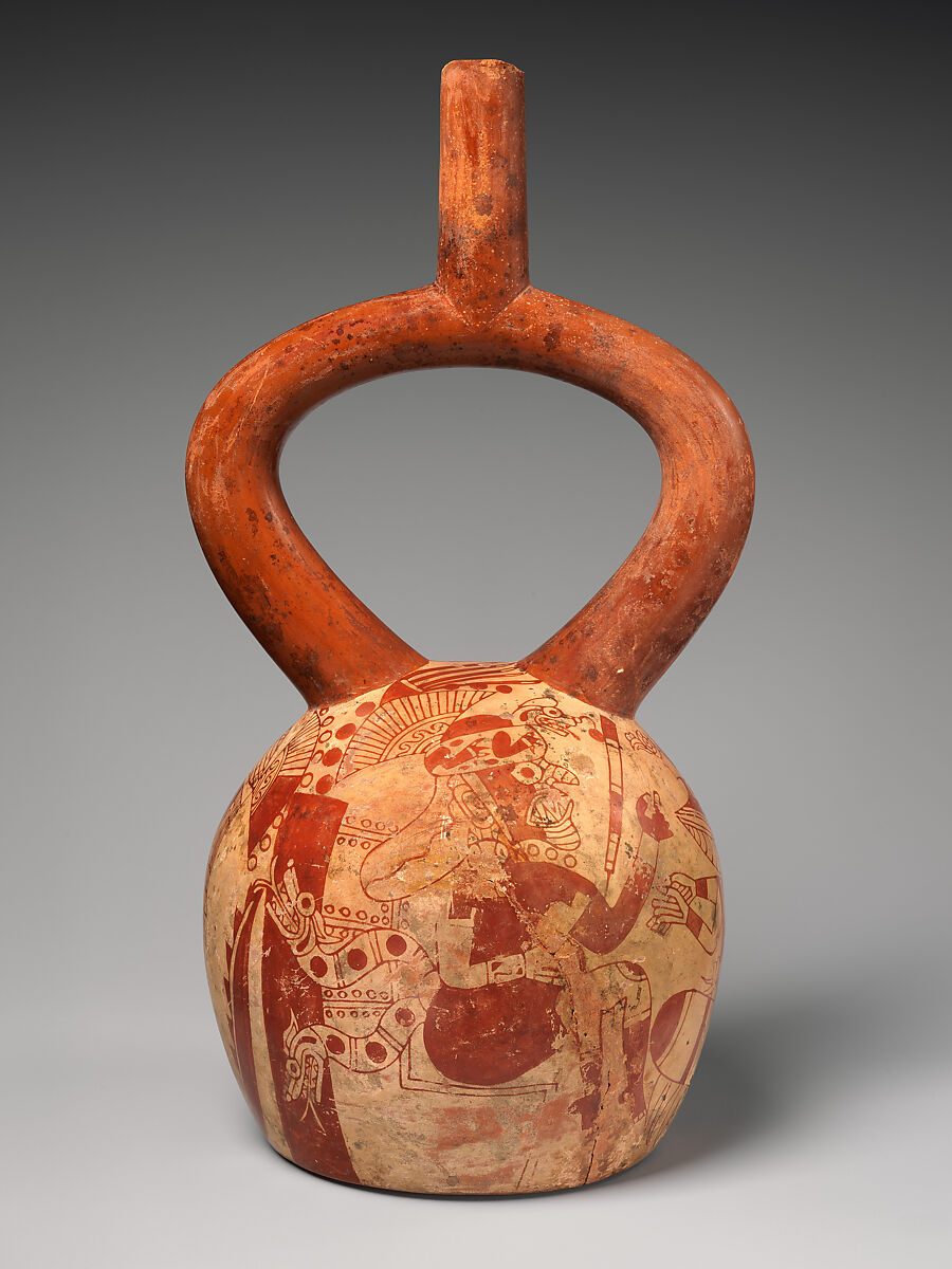 Stirrup-spout bottle with confronting figures, Ceramic, slip, Moche