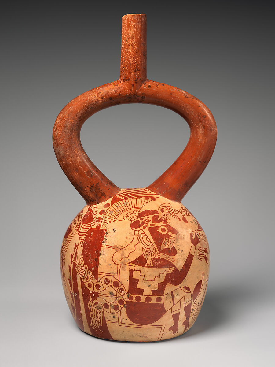 Stirrup-spout bottle with confronting figures