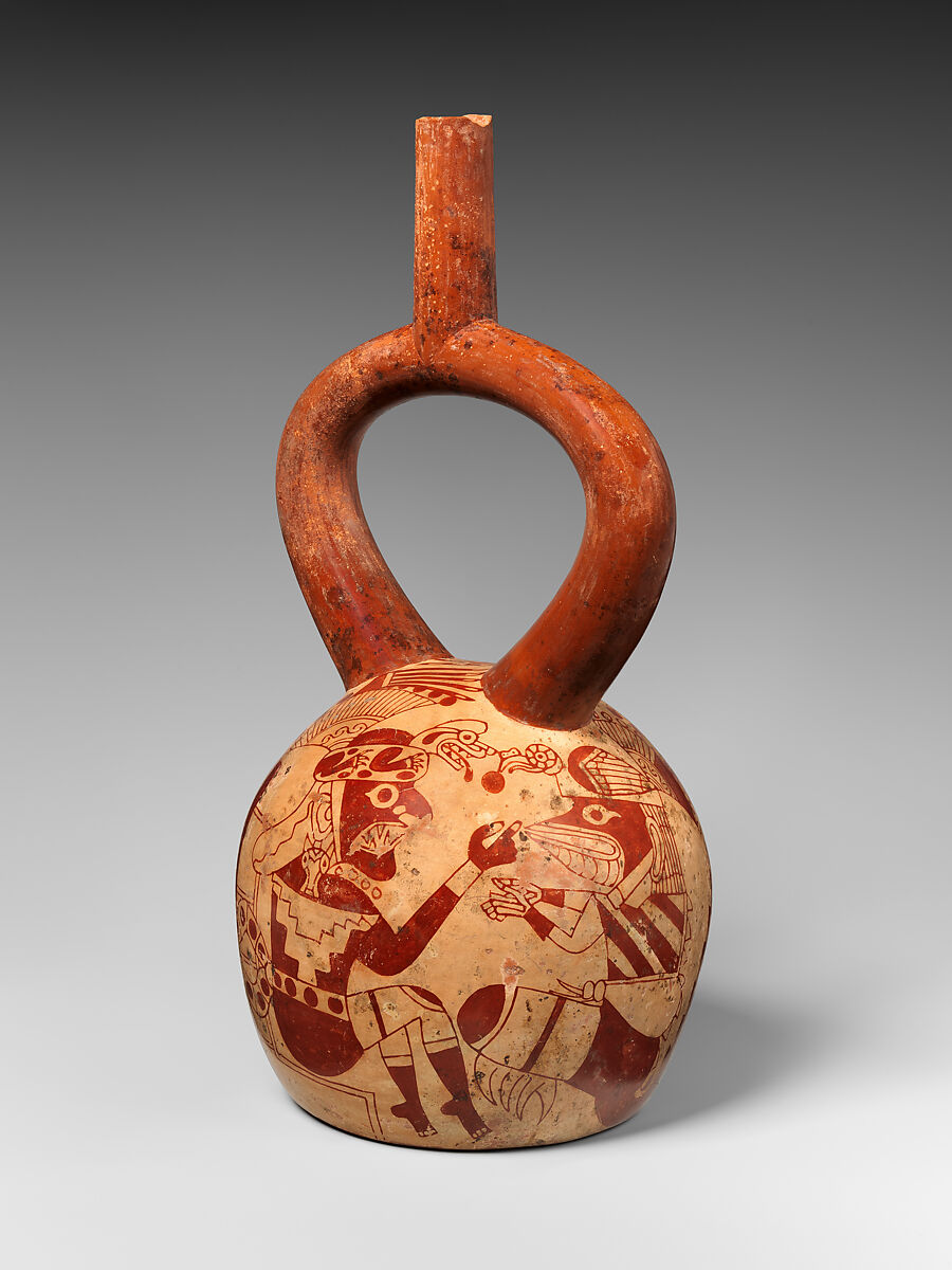 Stirrup-spout bottle with confronting figures, Ceramic, slip, Moche