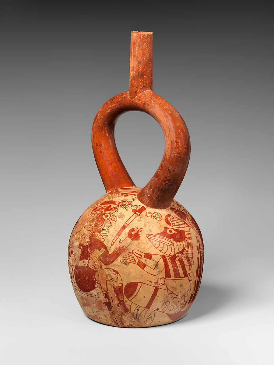 Stirrup-spout bottle with confronting figures, Ceramic, slip, Moche