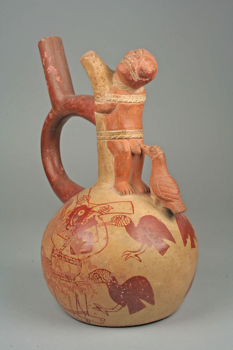 Stirrup Spout Bottle with Nude Man and Bird, Ceramic, pigment, Moche 