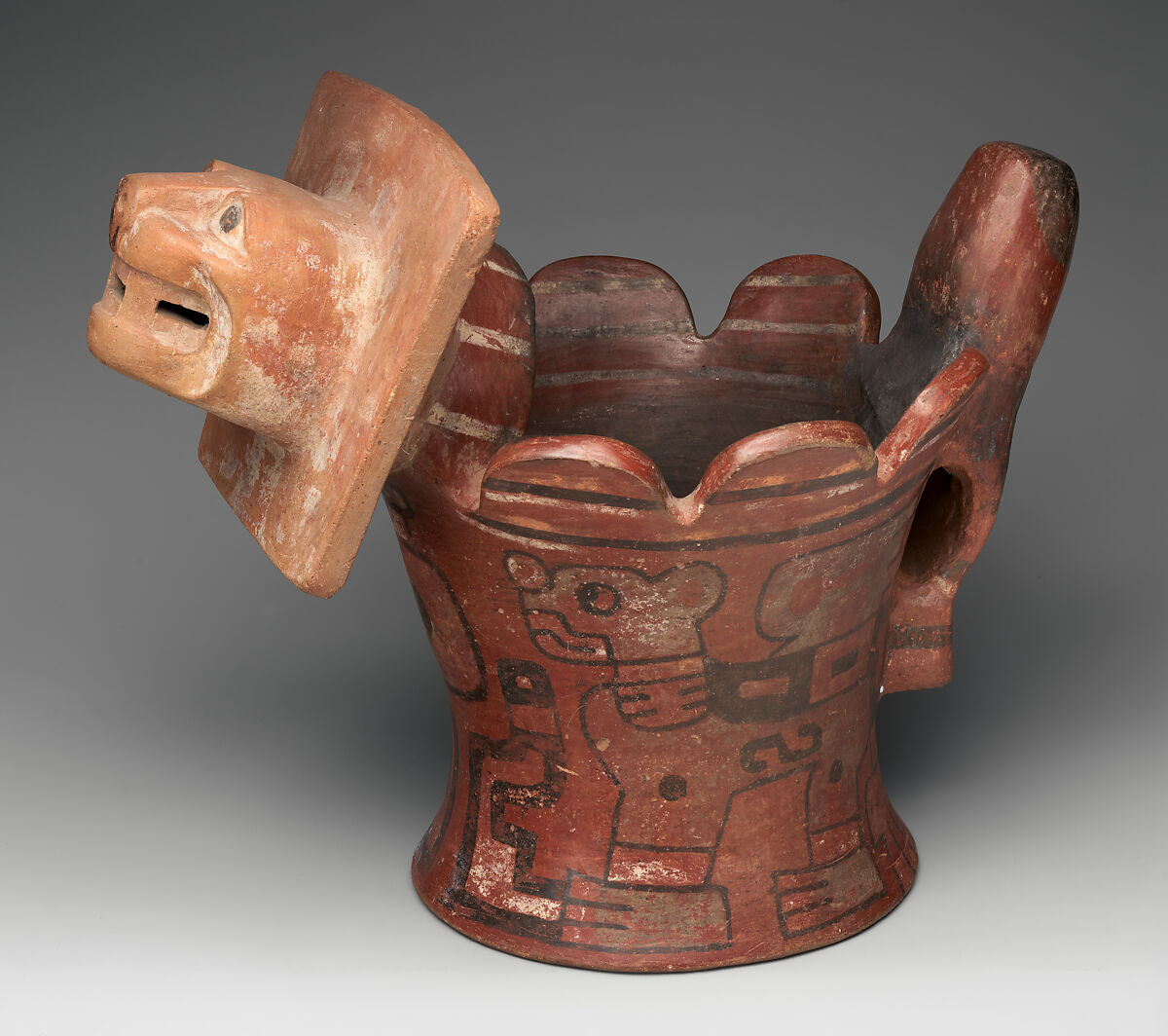 Incense burner with feline head, Tiwanaku artist(s), Ceramic, slip, Tiwanaku