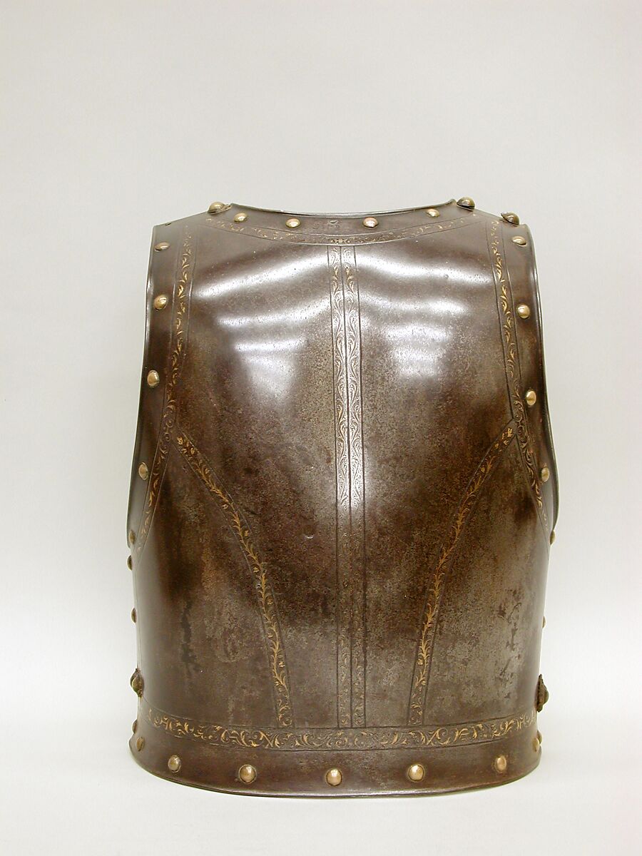 Shot-Proof Cuirass (Breastplate and Backplate), Steel, gold, brass, textile, leather, French, Besançon