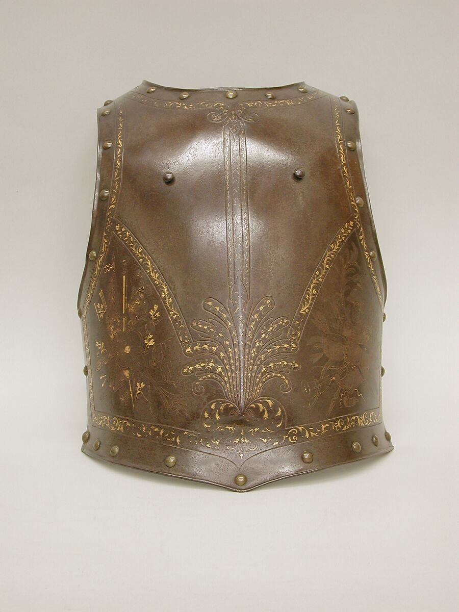 Shot-Proof Cuirass (Breastplate and Backplate), Steel, gold, brass, textile, leather, French, Besançon 
