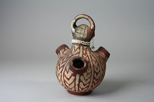 Spouted Jar, Ceramic, pigment, beads, thread, Mohave